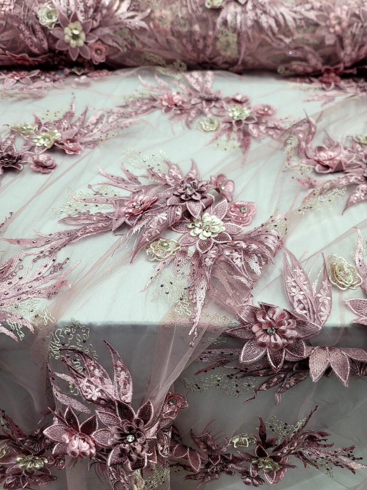 DUSTY ROSE 3D Mauve Flowers Rhinestones Embroidery Lace Fabric - Sold By The Yard