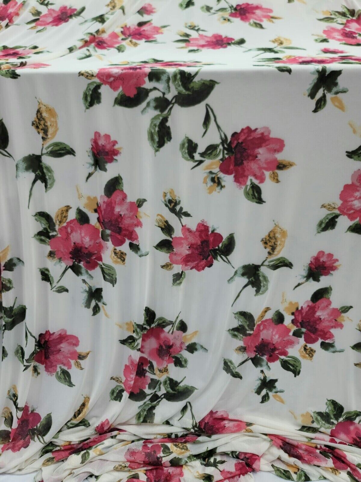 Ivory Four Way Stretch Lace Red Floral Flowers Fabric - Sold by the Yard