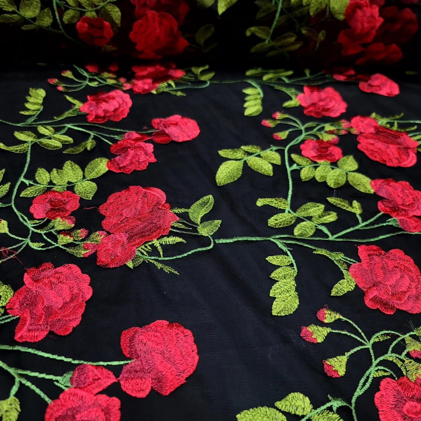 Black Lace Fabric with Red and Green Flower Embroidery - Stunning Floral Design on Elegant Black Mesh - Sold by the Yard