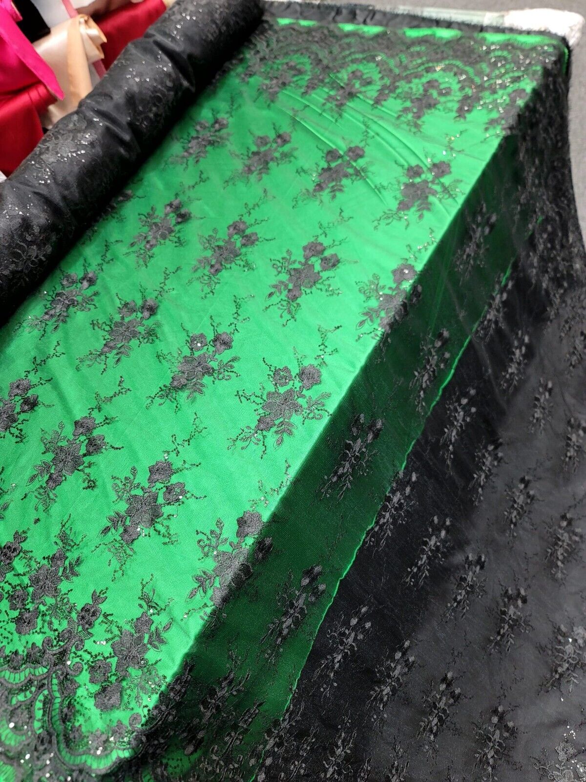 Black Lace Fabric Embroidery Sequins Scalloped Fabric Sold By The Yard Quinceañe
