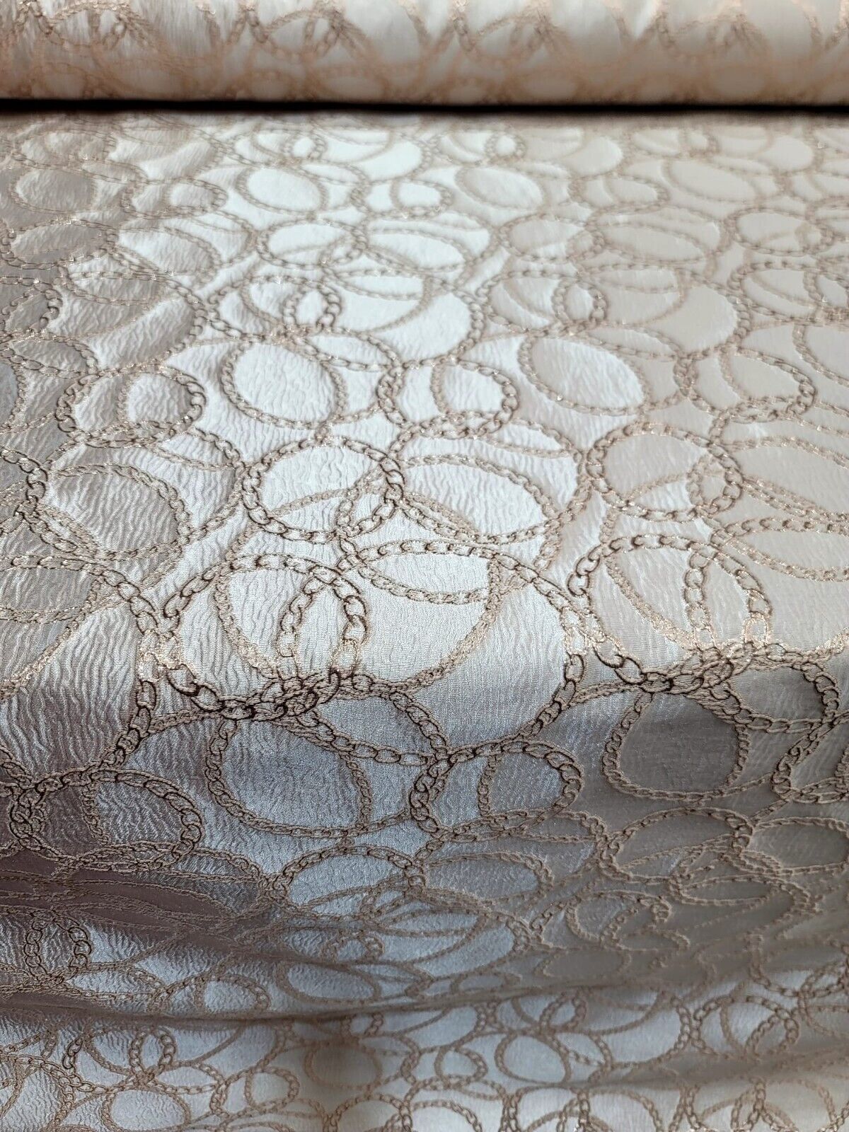 Beige and Hunter Green and Gold Brocade Fabric with Gold Metallic Chain Geometric Pattern - Sold by Yard - Perfect for Fashion, Home Decor, and Elegant Creations