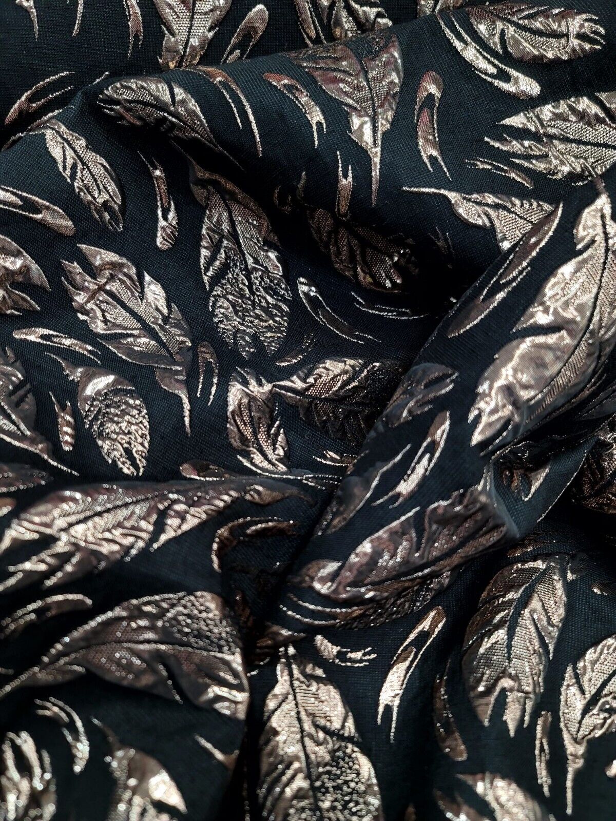 Black Gold Feathers Brocade Fabric - Sold By The Yard - Embossed Dress (60” Width)