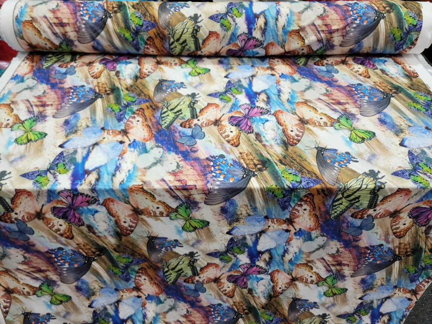 Multi color Monarch Butterfly Blue Green Lavender Fabric by the Yard Spandex