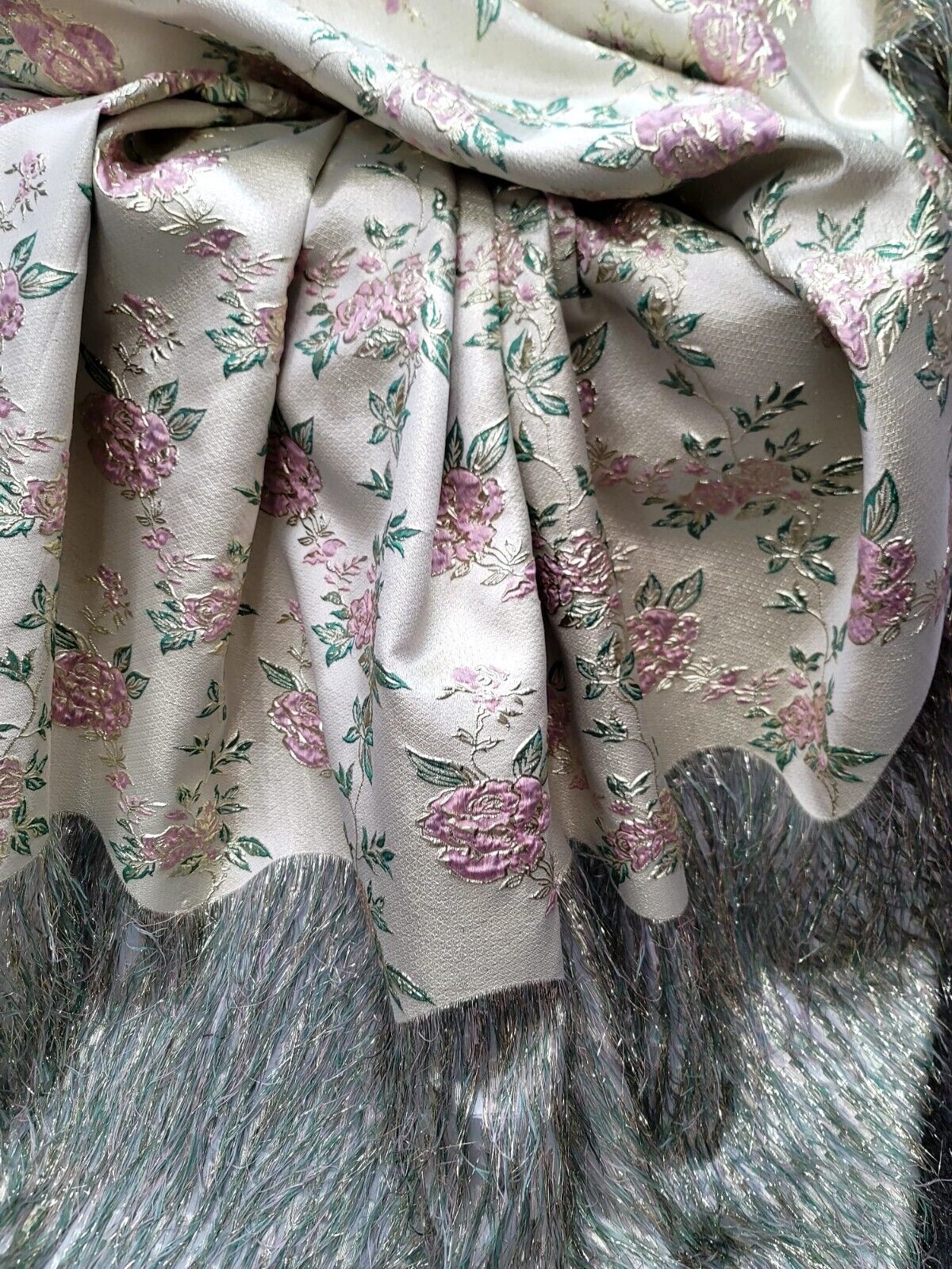 Sage Pink Gold Metallic Brocade Eyelash Prom Fabric by the Yard