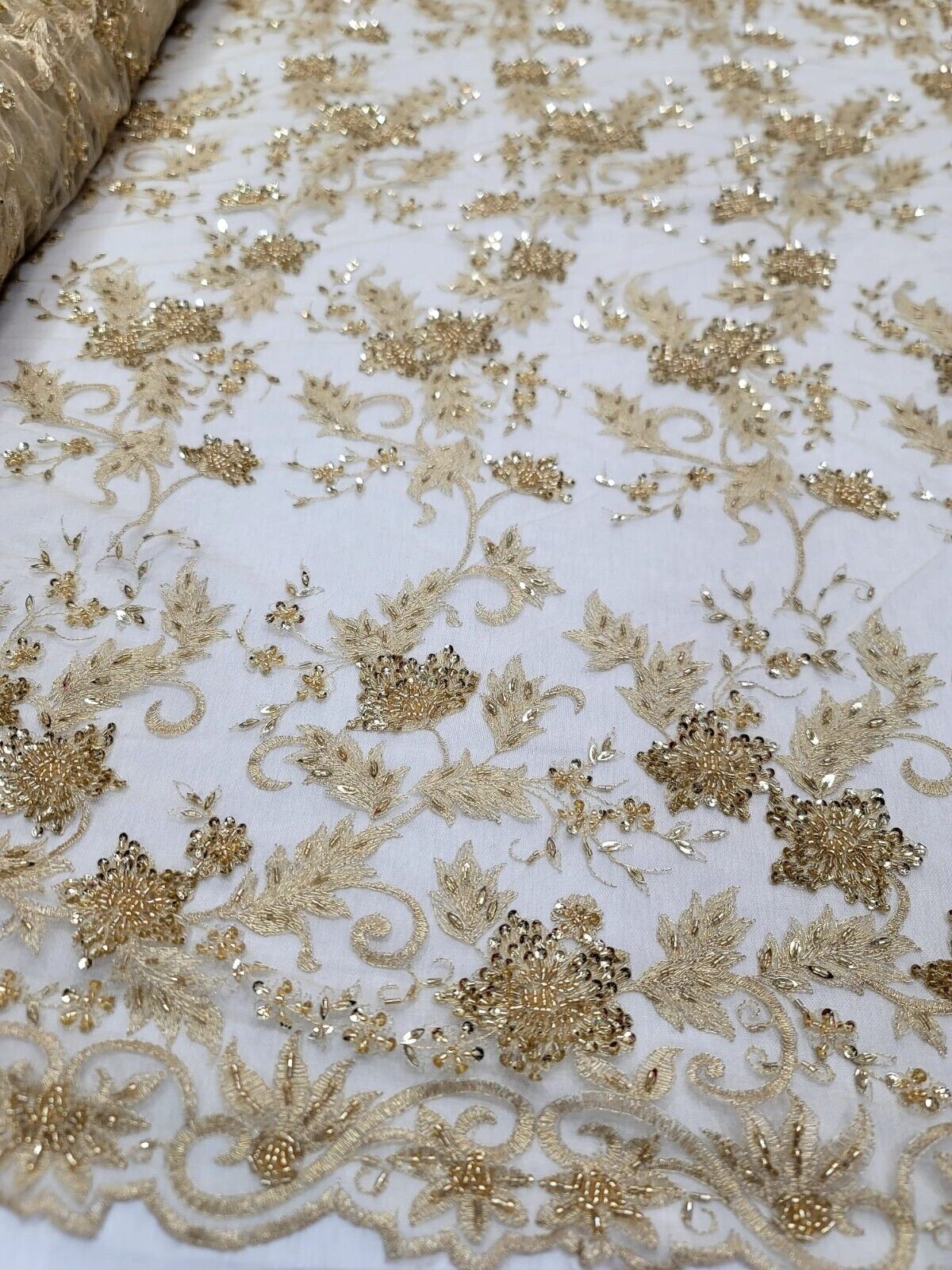 Gold Beaded Sequins Embroidery Bridal Lace Fabric Sold By The Yard Floral Lace