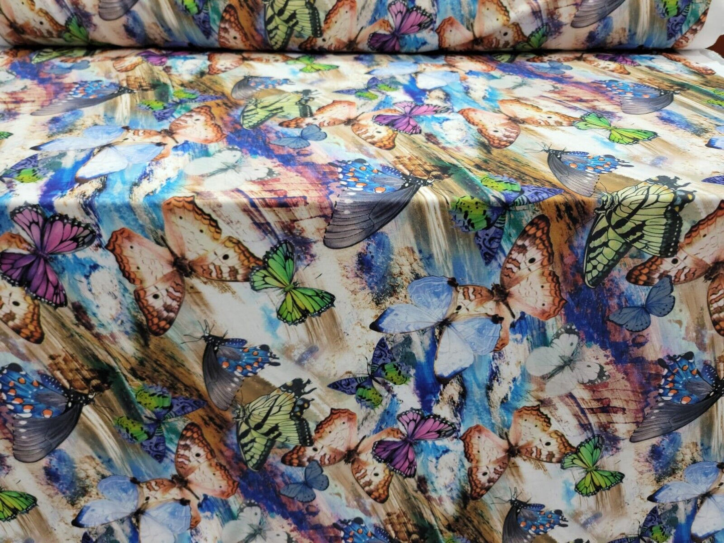 Multi color Monarch Butterfly Blue Green Lavender Fabric by the Yard Spandex