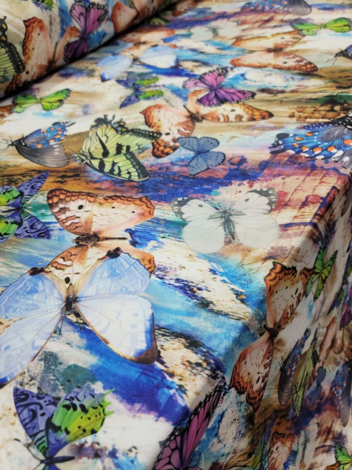 Multi color Monarch Butterfly Blue Green Lavender Fabric by the Yard Spandex