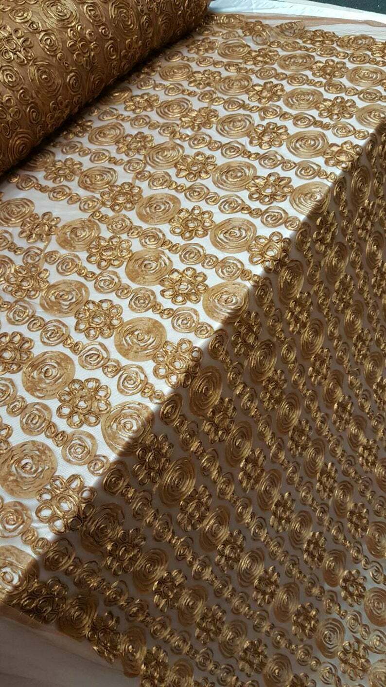 Copper Embroidered Lace with Floral Flowers and Ribbon on Mesh Fabric - Sold by the Yard