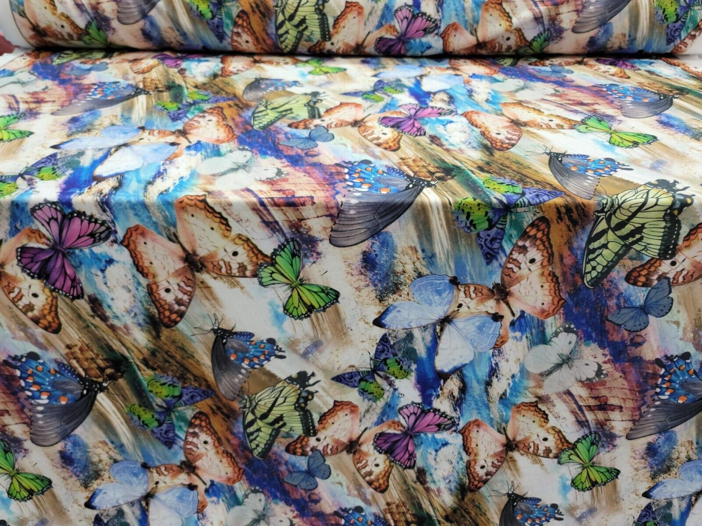 Multi color Monarch Butterfly Blue Green Lavender Fabric by the Yard Spandex