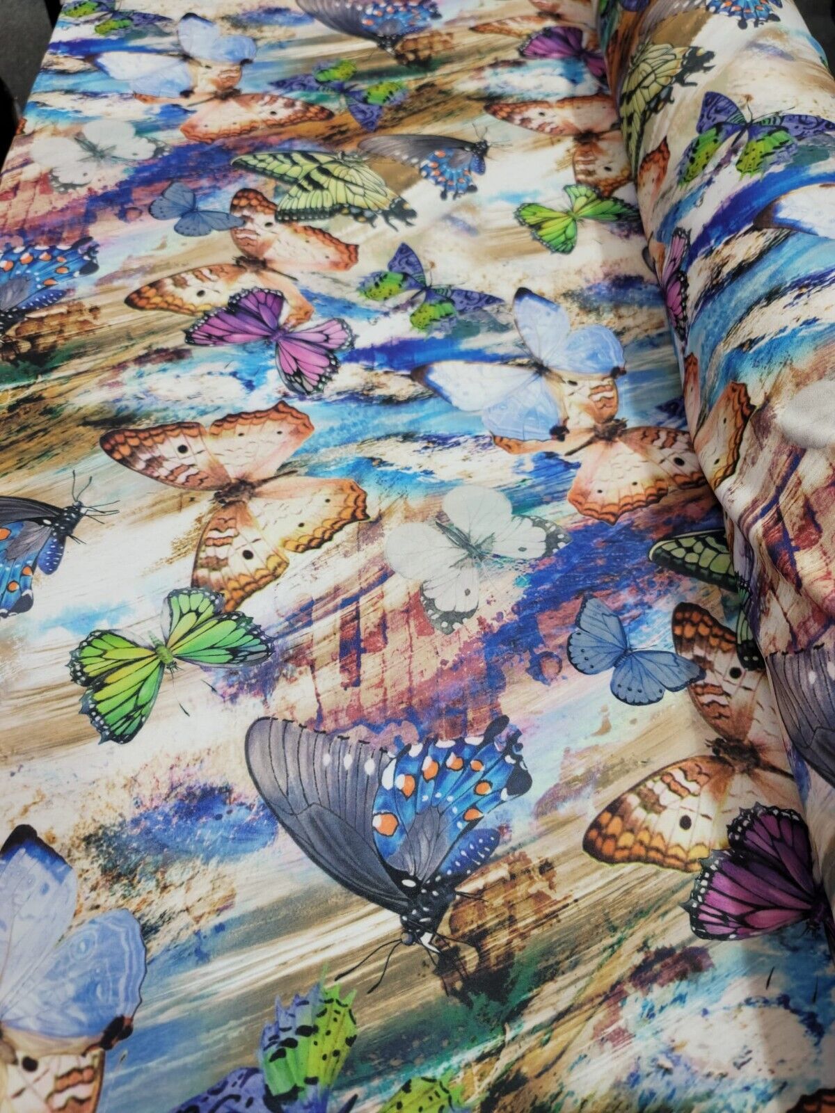Multi color Monarch Butterfly Blue Green Lavender Fabric by the Yard Spandex