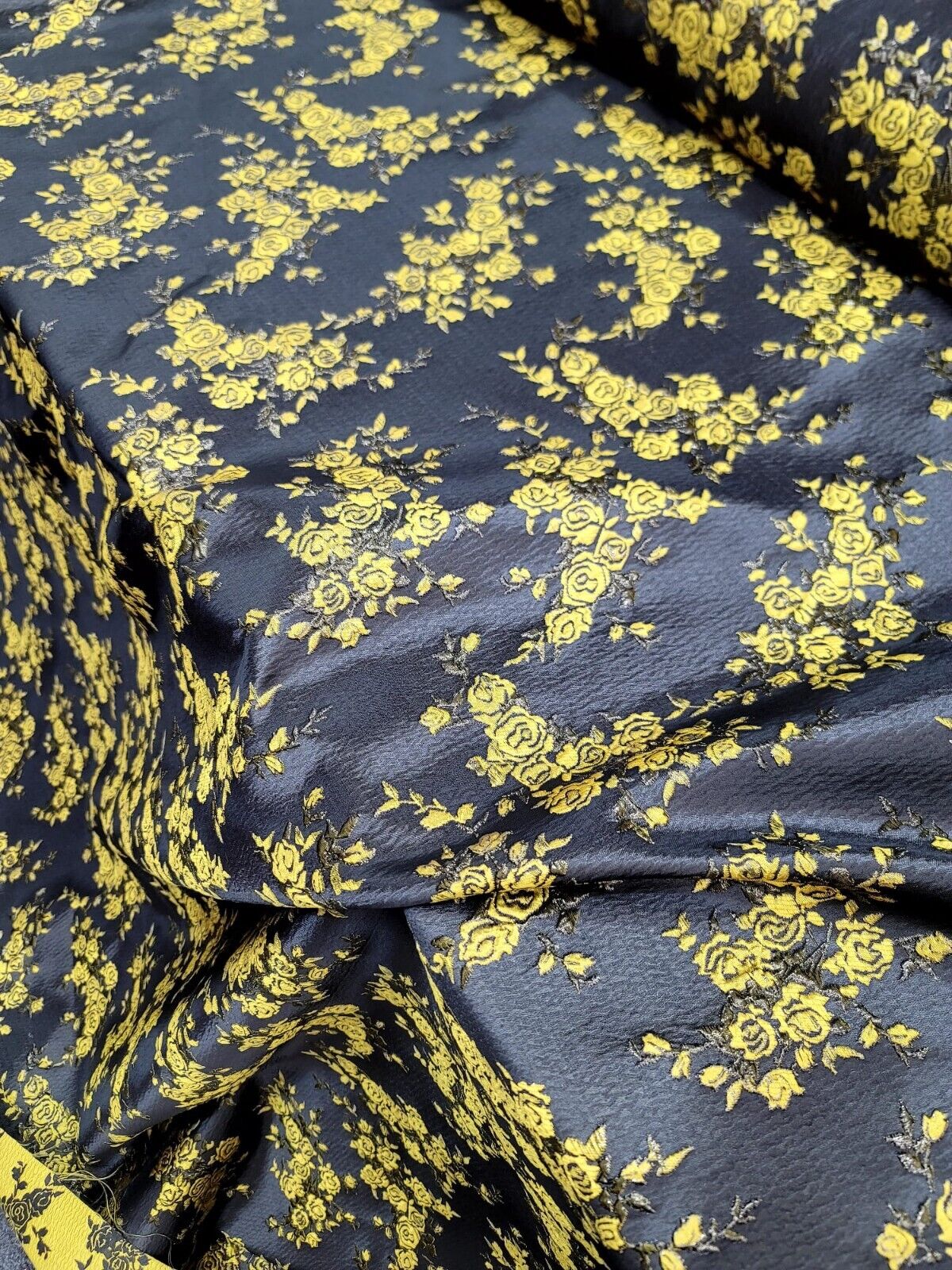 YELLOW Floral Black Brocade Fabric - By the Yard