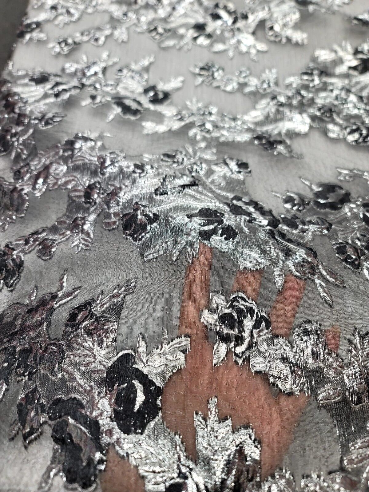 Metallic Silver Floral Brocade Fabric Gray Textured Organza Sold BTY
