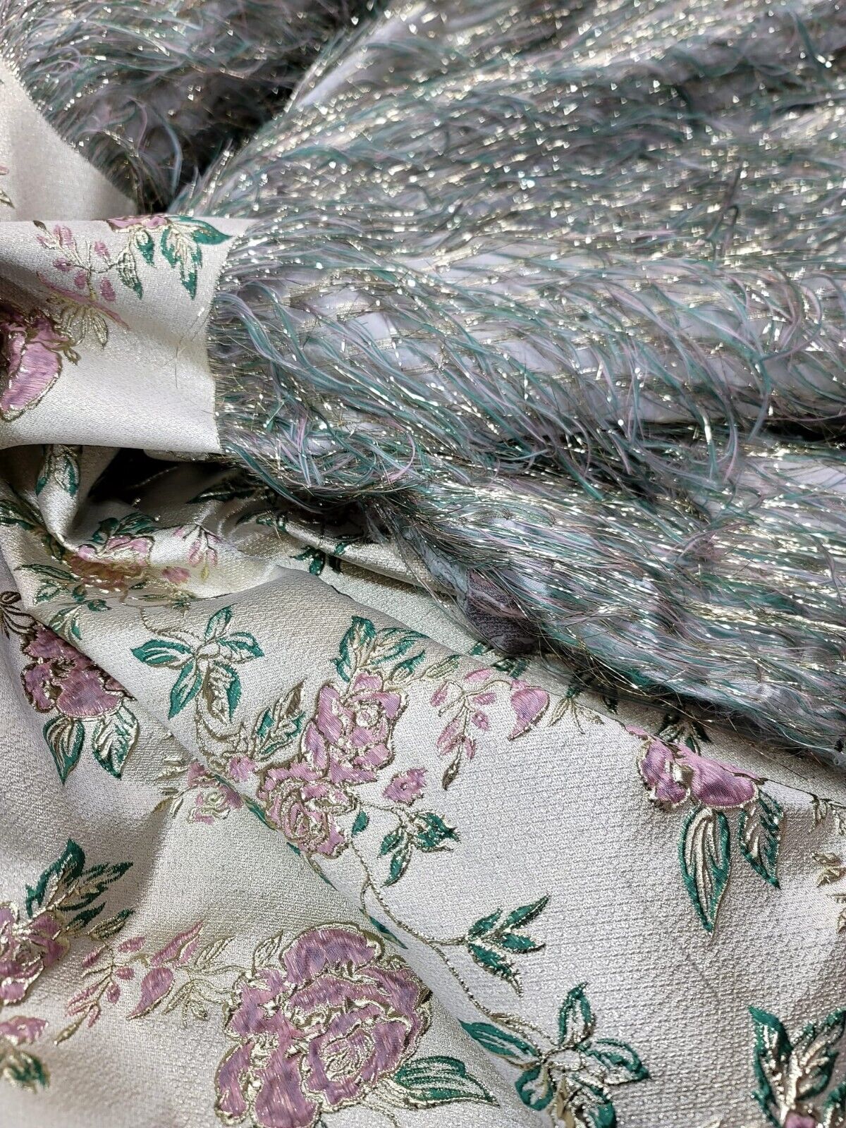 Sage Pink Gold Metallic Brocade Eyelash Prom Fabric by the Yard