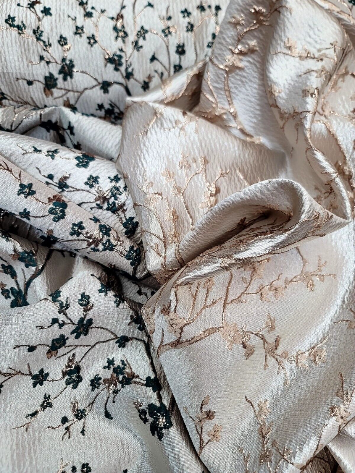 HUNTER GREEN Floral Brocade Fabric Sold By The Yard Beige Textured