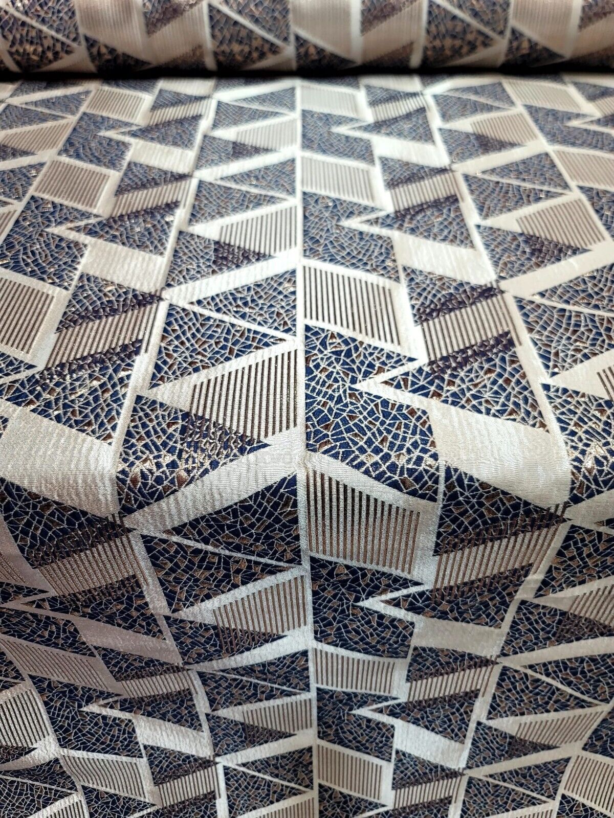Navy Blue and Gold Metallic Geometric Triangle Brocade Fabric - Sold by Yard - Perfect for Fashion, Upholstery, and Elegant Creations