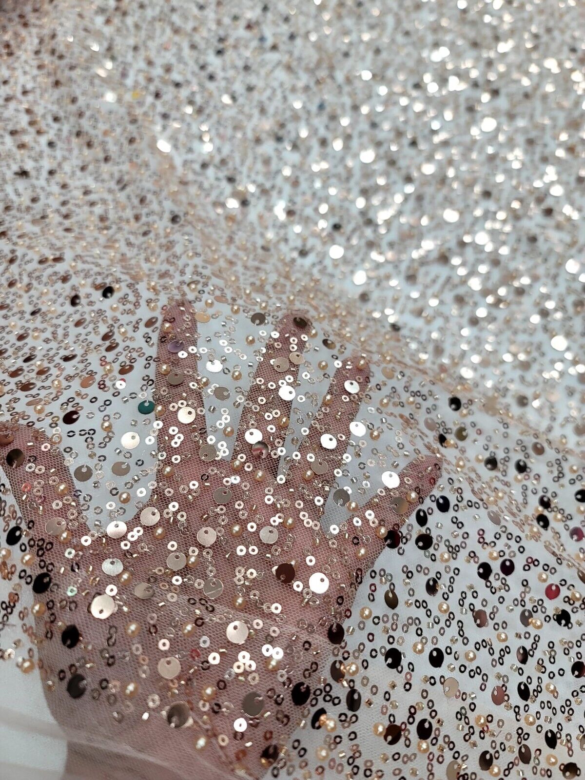 Rose Gold Sequins Beaded Embroidered Stretch Lace Fabric By The Yard - Perfect for Prom Dresses