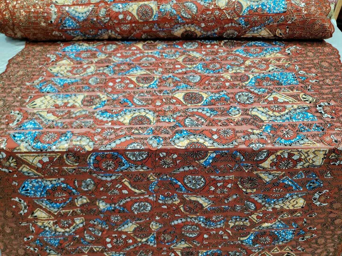 Copper Embroidery Lace with Sequins on Fishnet Fabric - Sold by the Yard - African Lace Cotton