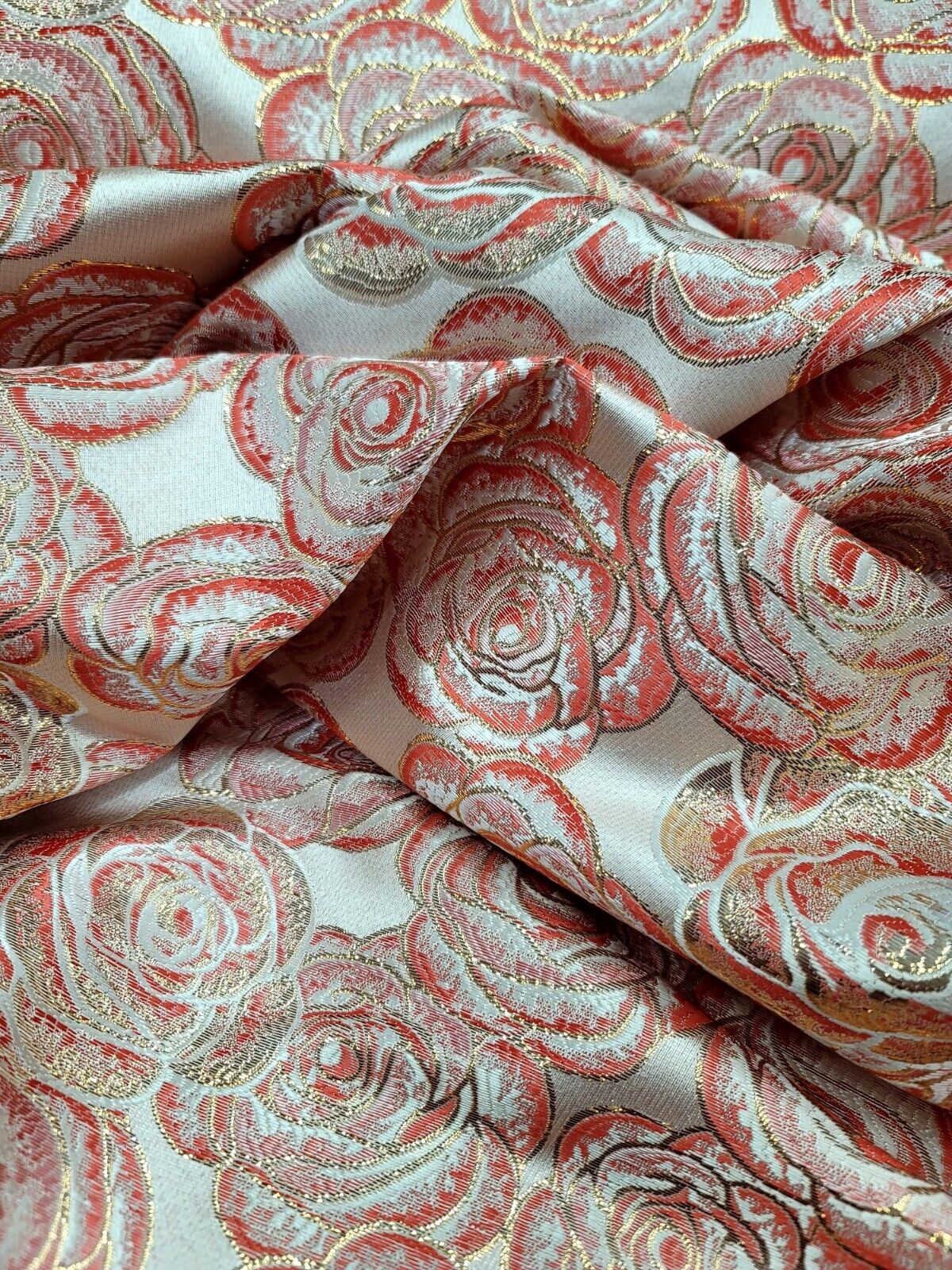 CORAL FLORAL BROCADE FABRIC SOLD BY THE YARD ACCENT GOLD FOR DRESS UPHOLSTERY