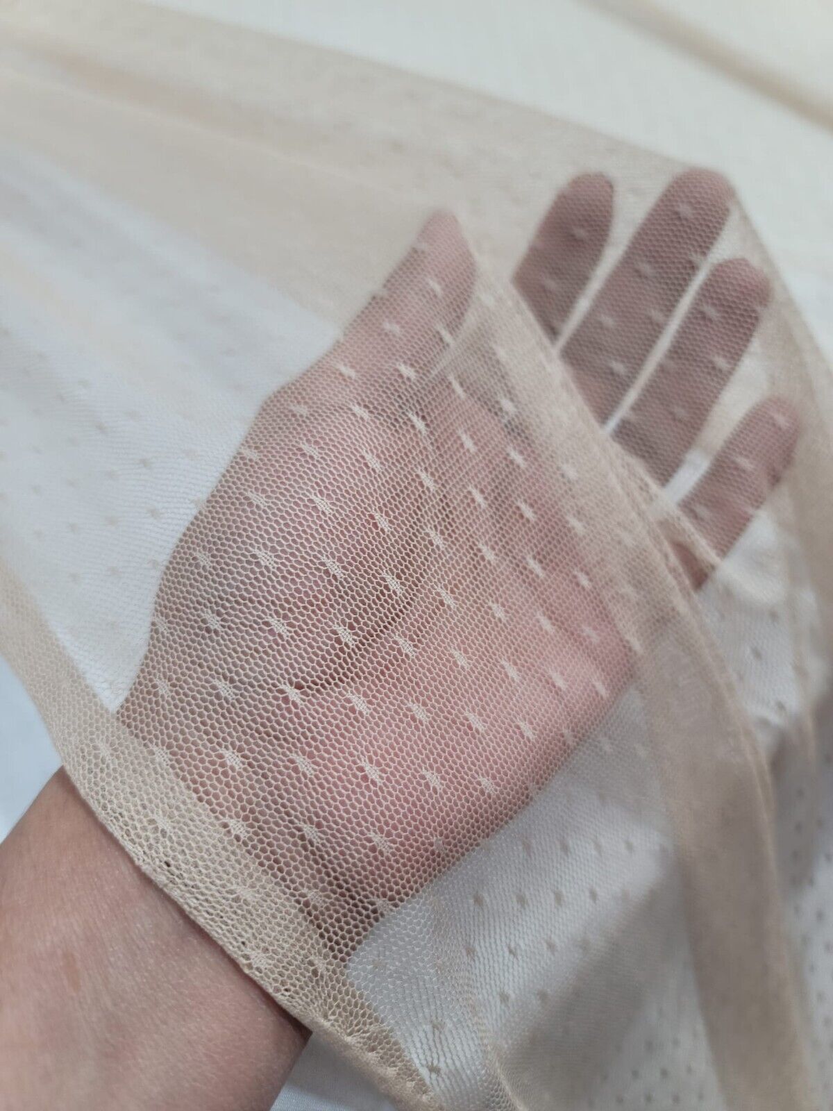 Beige Champagne Embroidered Polka Dots Mesh Prom Fabric - Sold by the Yard for Gown Quinceañera