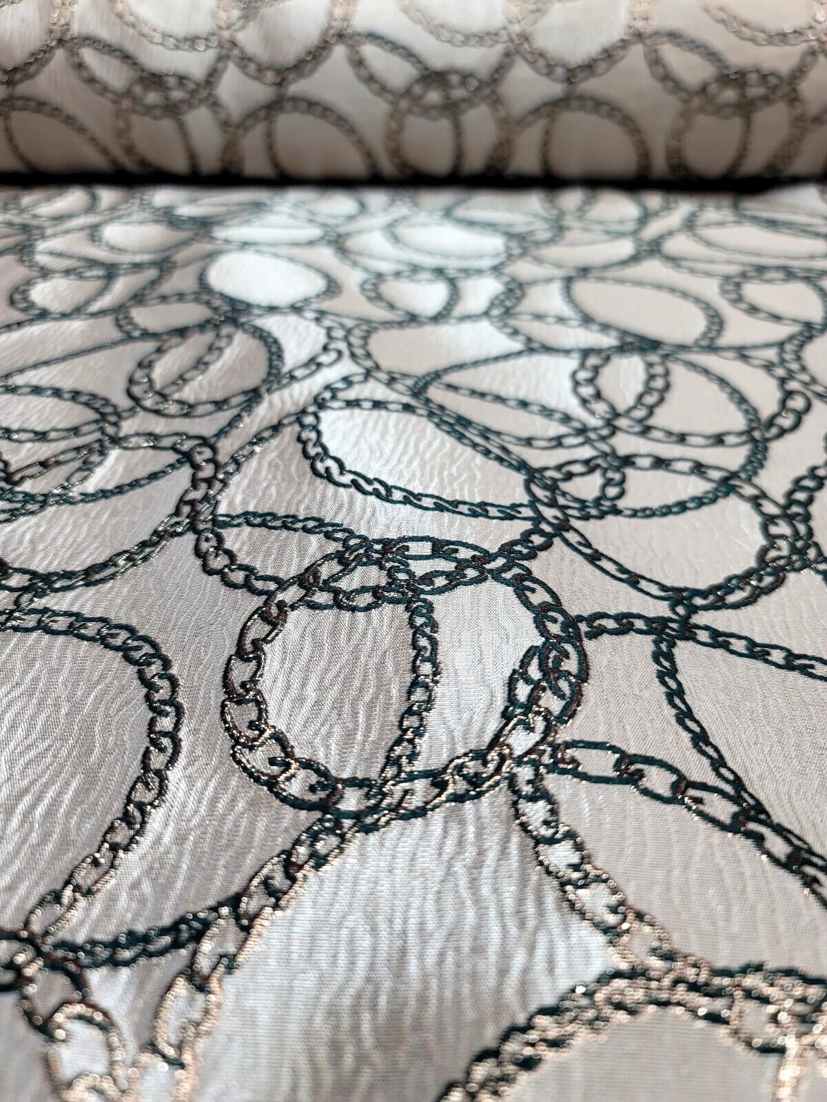 Beige and Hunter Green and Gold Brocade Fabric with Gold Metallic Chain Geometric Pattern - Sold by Yard - Perfect for Fashion, Home Decor, and Elegant Creations