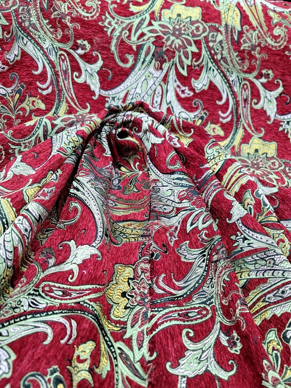 Red Gold Floral Damask Brocade Fabric - 60” Width - Sold By The Yard - Chenille