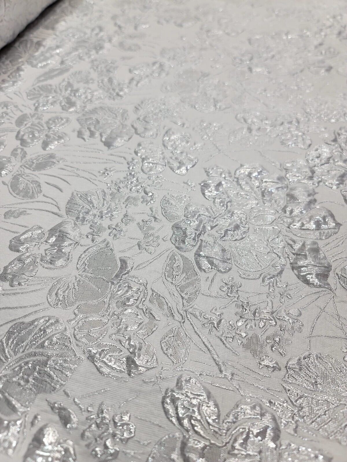 WHITE SILVER Floral Brocade Fabric 60" Sold By The Yard Embossed Flowers Bridal