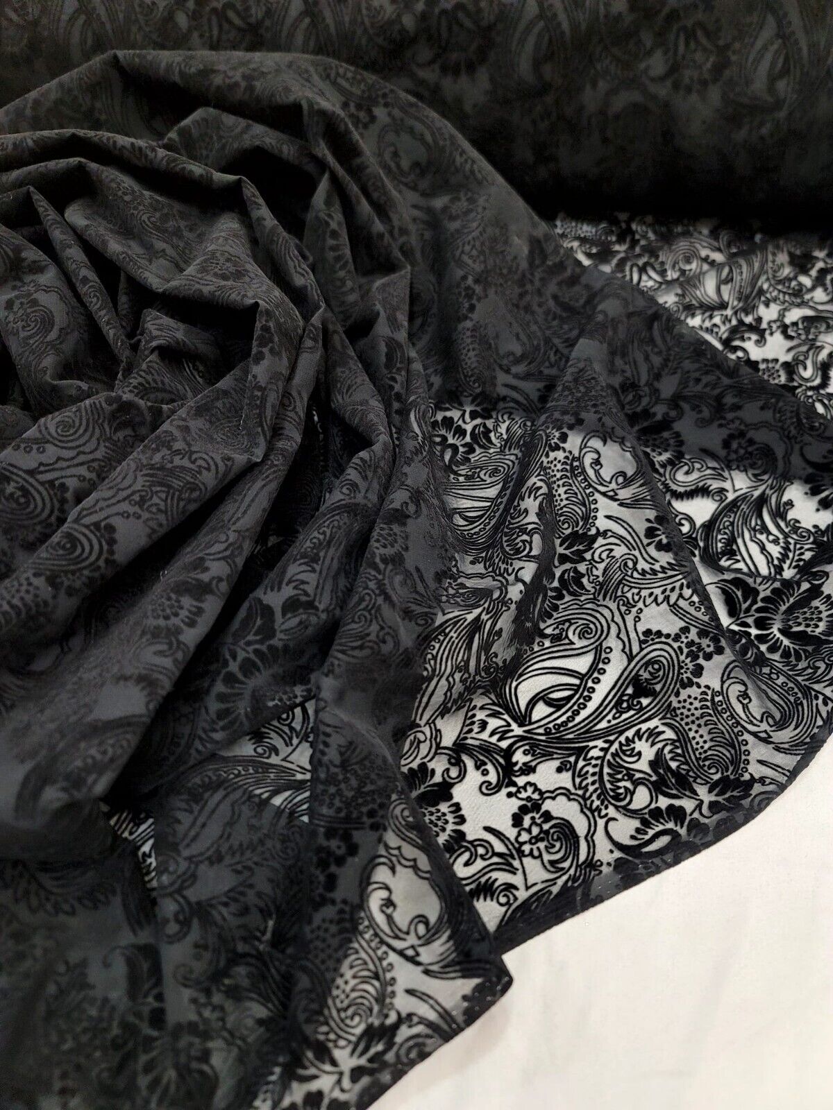 Black Silk Velvet Paisley Fabric Sold By The Yard 45" W Burn Out Velvet Fabric