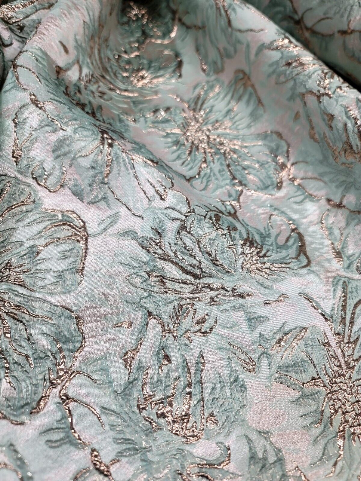 MINT GREEN ROSE GOLD Floral Brocade Fabric - Sold by the Yard