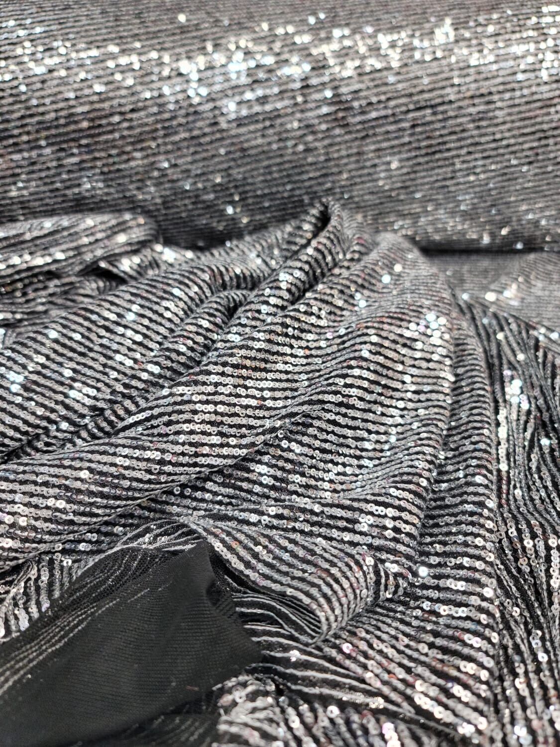Silver Sequin Fabric on Black Stretch Mesh - 3MM Glitz Mini Sequins - Sold by the Yard