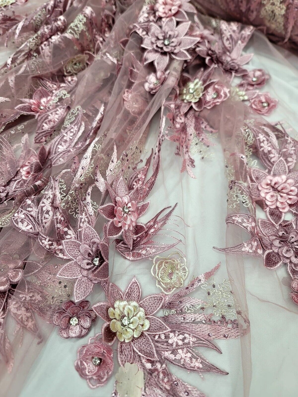 DUSTY ROSE 3D Mauve Flowers Rhinestones Embroidery Lace Fabric - Sold By The Yard