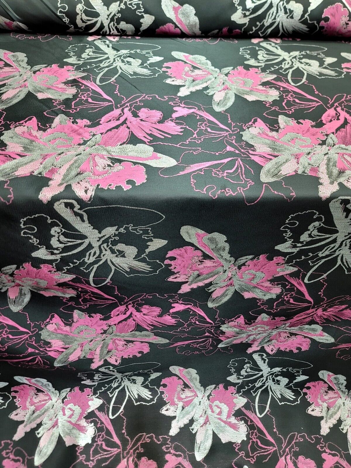 Pink Fuchsia Silver and Black Damask Jacquard Brocade Floral Fabric - 60" Width
