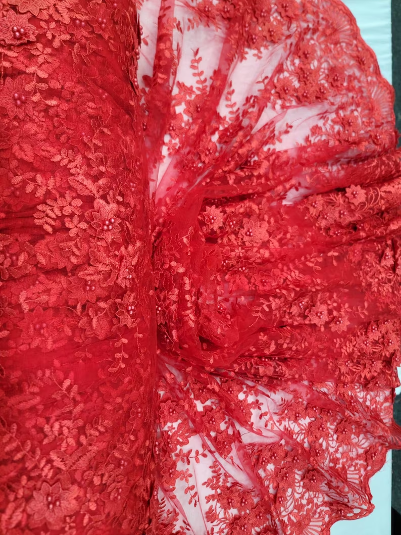 Red 3D Flower Lace Embroidery Lace Fabric - Sold by the Yard