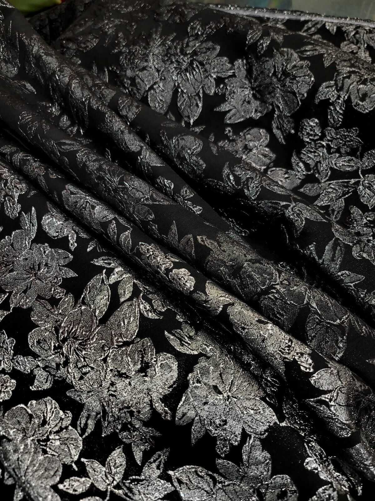 Silver Floral Brocade on Black Background Fabric by the Yard - Stunning Metallic Elegance