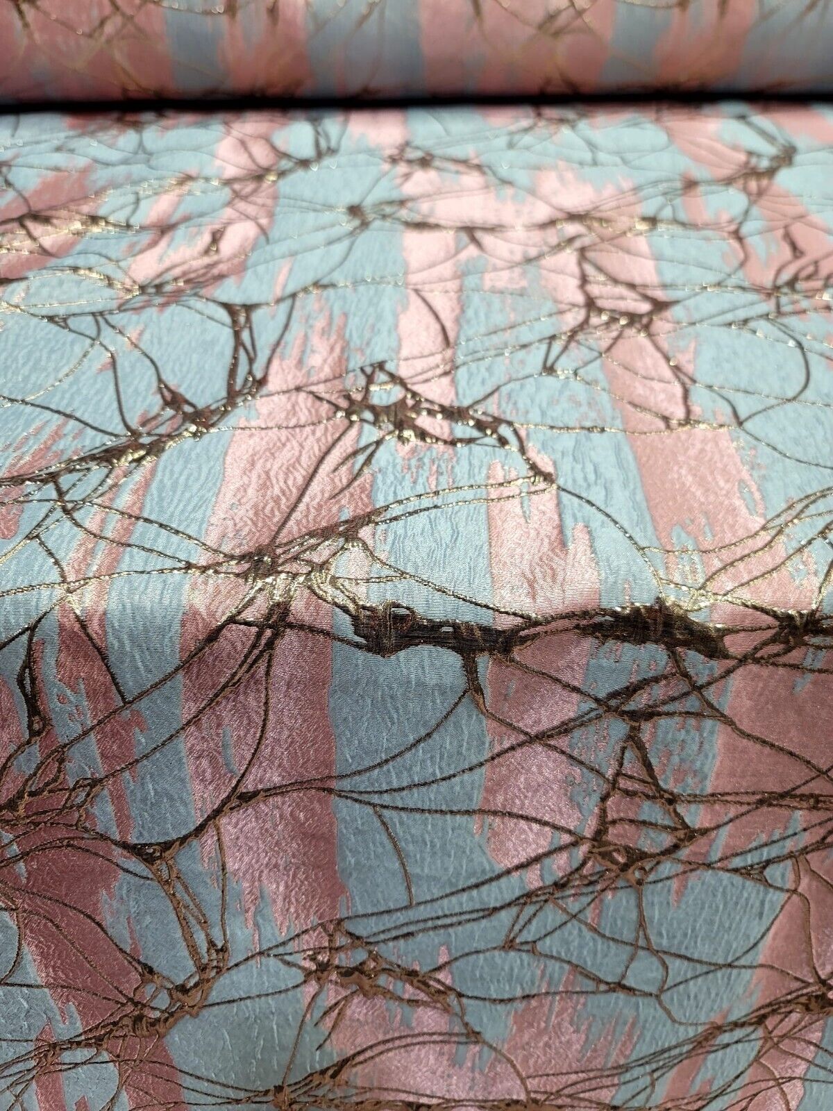 Pink Brocade Jacquard Fabric - Sold By The Yard - Sky Blue Metallic Rose Gold Fashion (60” Width)