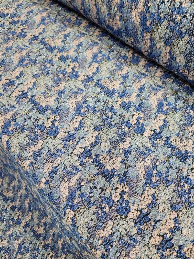 Royal Blue Brocade Floral Flowers Textured Jacquard Fashion Fabric Sold By The Yard