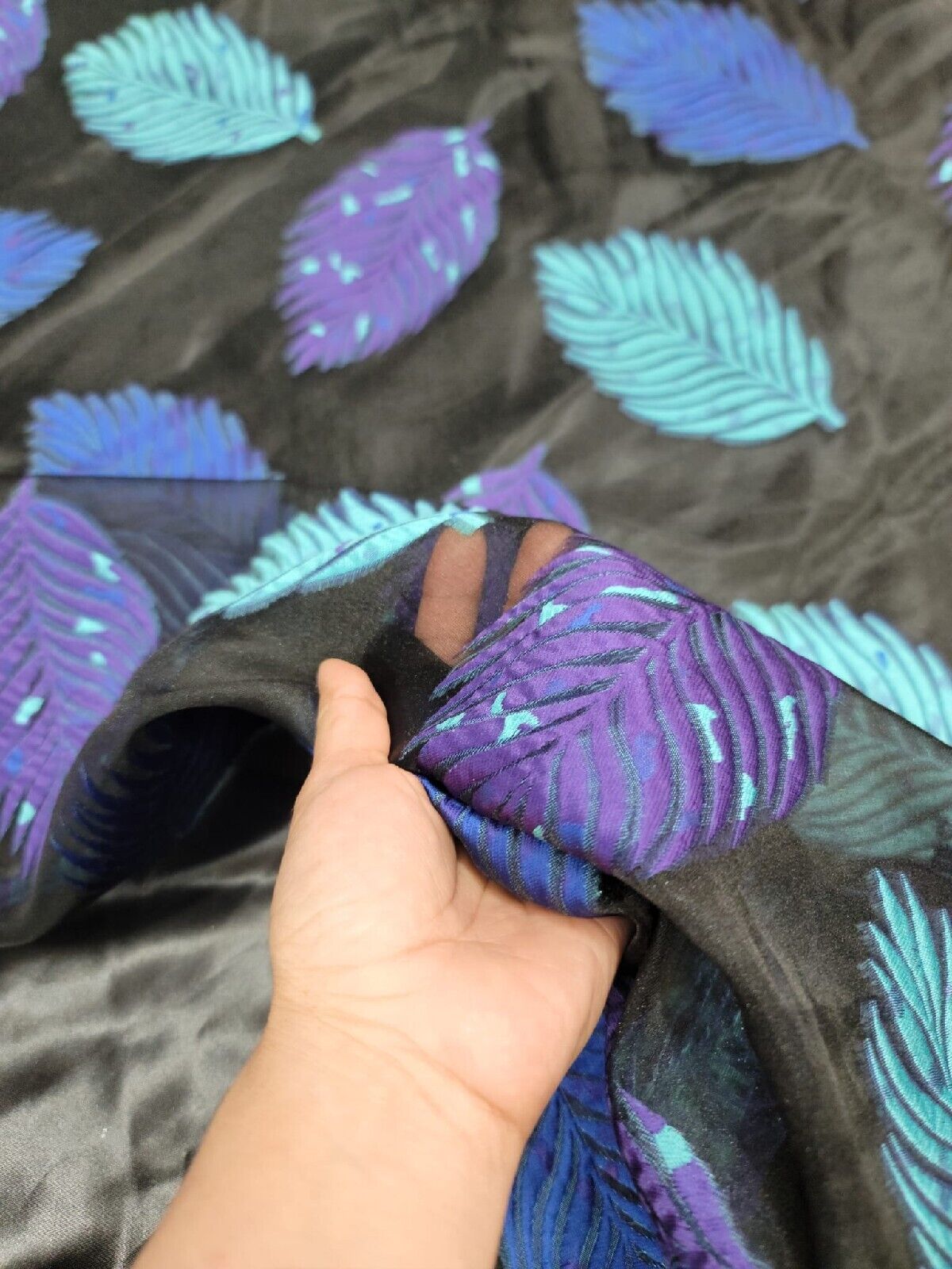 Leaves Purple Aqua Blue On Black Organza Brocade Fabric - Sold by the Yard - 57"
