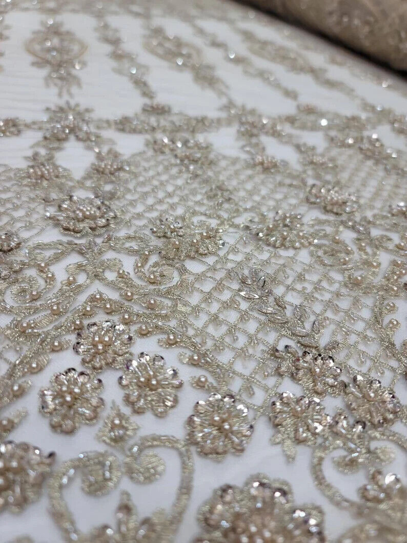 Champagne Beaded Lace Embroidery Floral Fabric - Sold by the Yard - Perfect for Prom Gowns and Quinceañera Attire