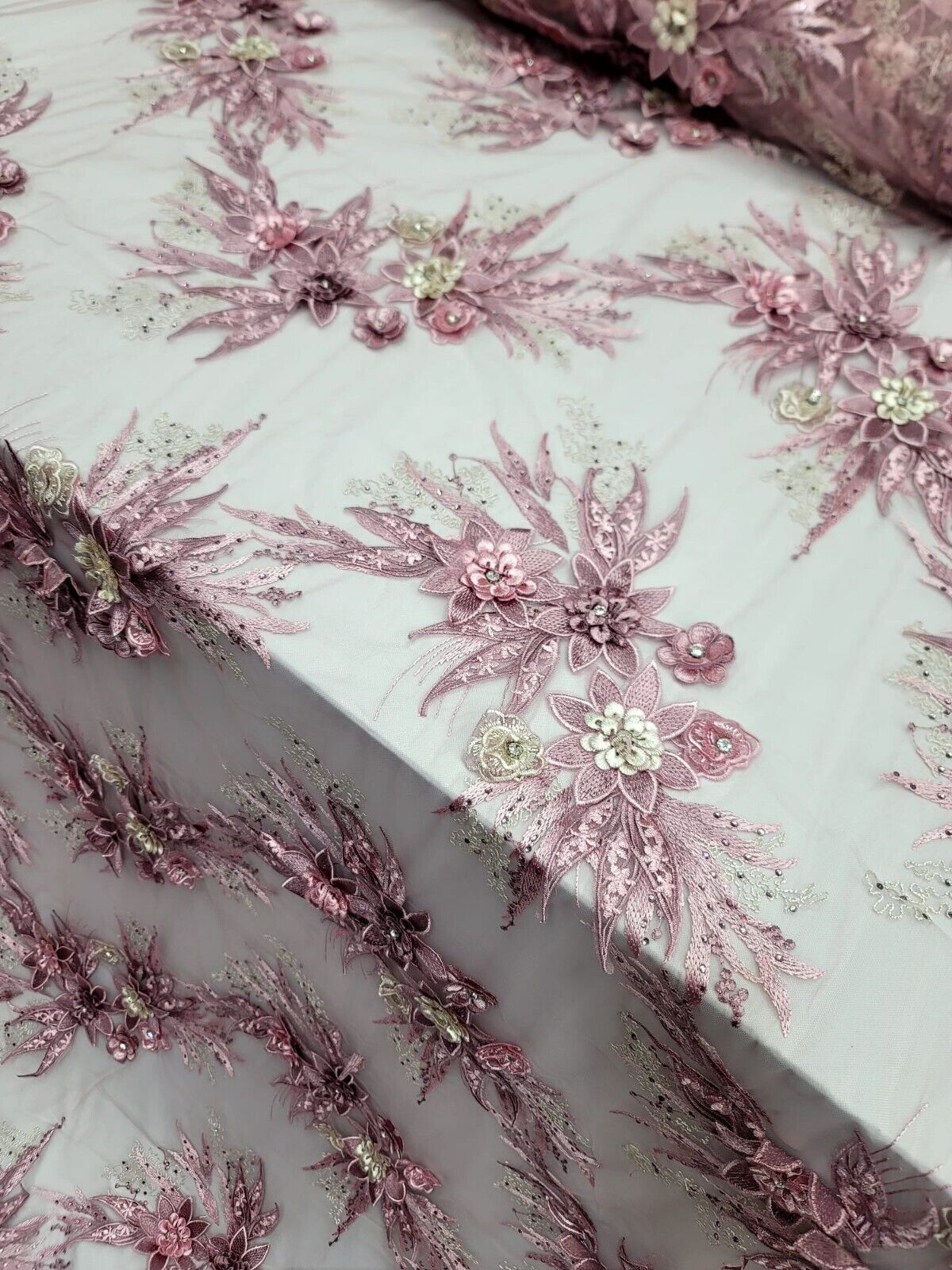 DUSTY ROSE 3D Mauve Flowers Rhinestones Embroidery Lace Fabric - Sold By The Yard