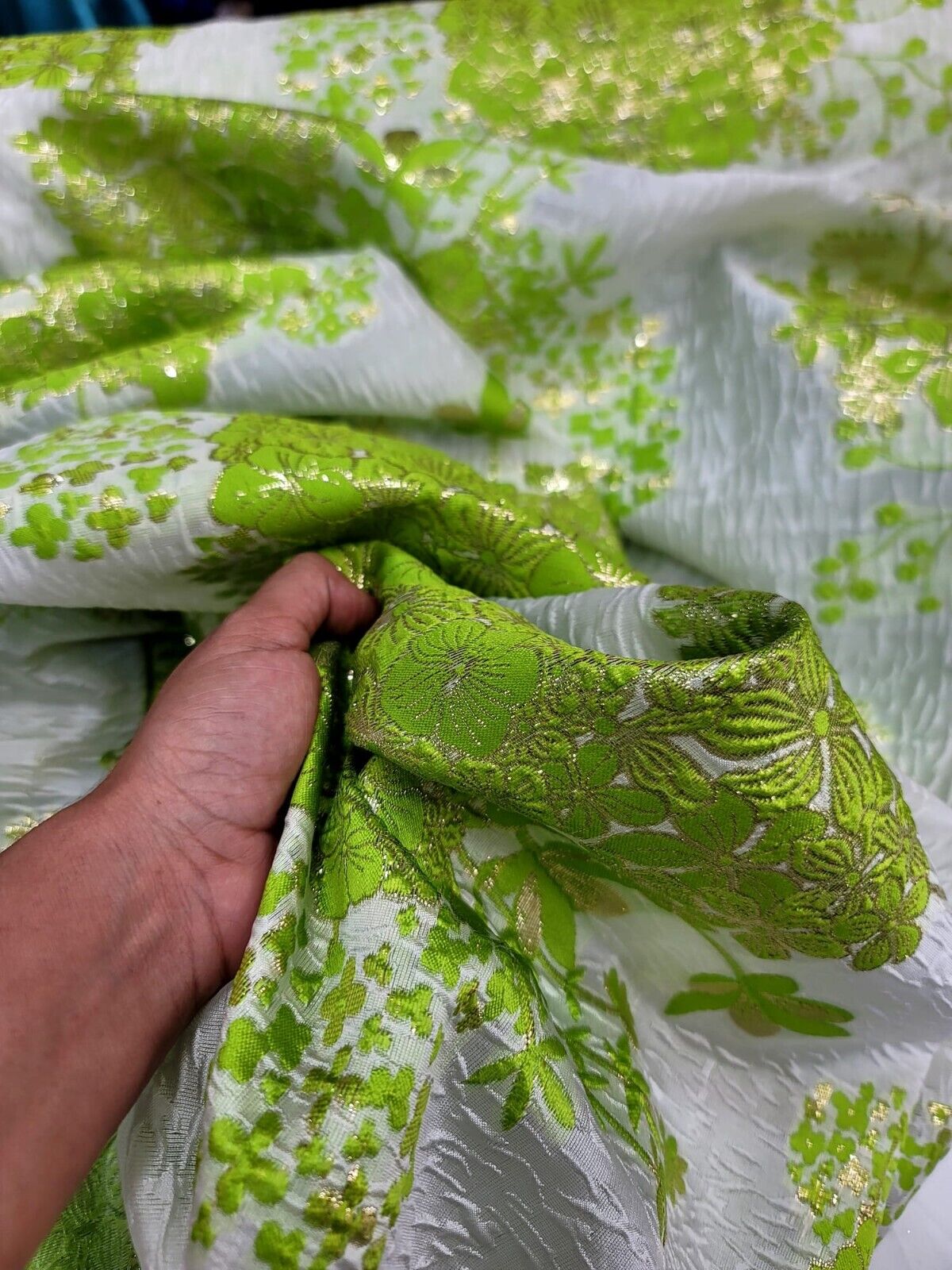 Metallic Lime Green Floral Brocade White Organza Fabric By Yard 57" W FOR DRESS