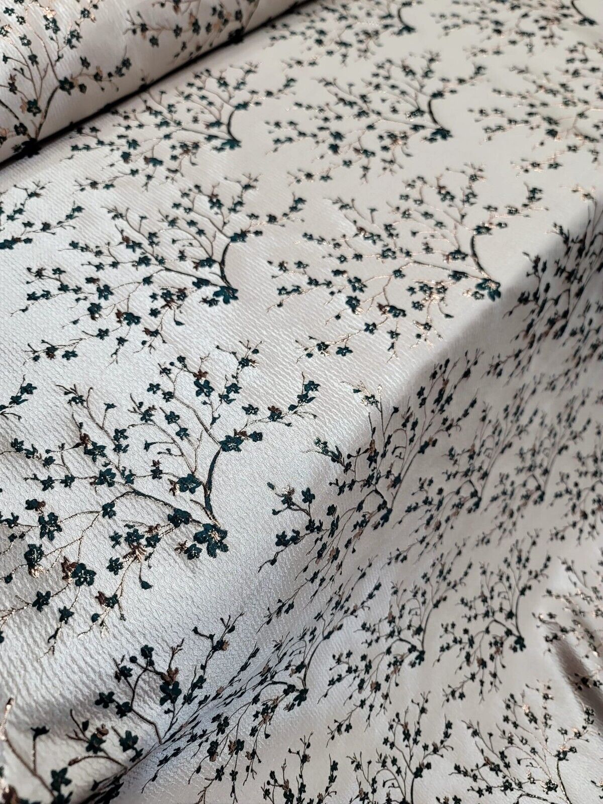 HUNTER GREEN Floral Brocade Fabric Sold By The Yard Beige Textured