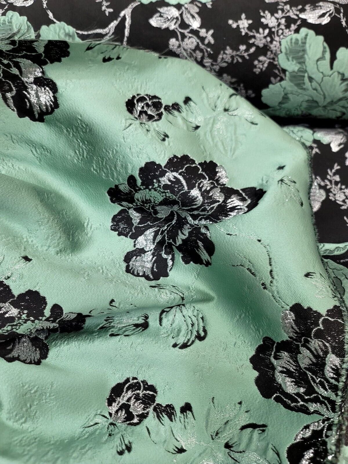 Sage Green Silver Black Damask Jacquard Brocade Floral Fabric - 60" Width