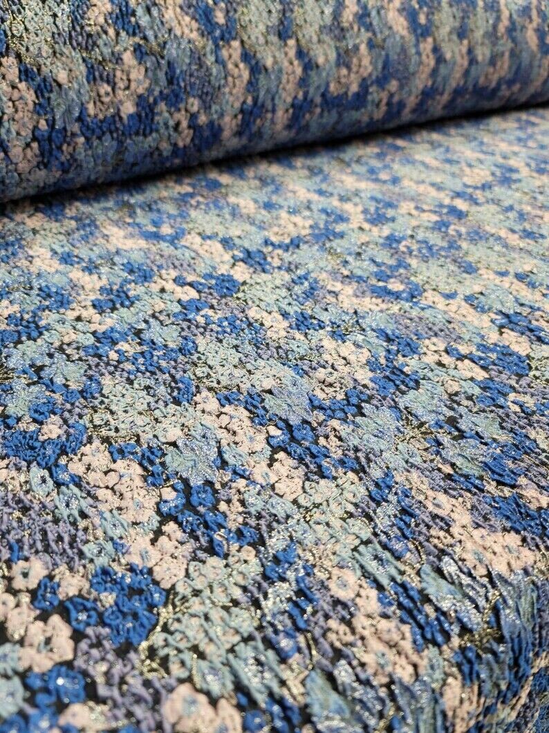 Royal Blue Brocade Floral Flowers Textured Jacquard Fashion Fabric Sold By The Yard