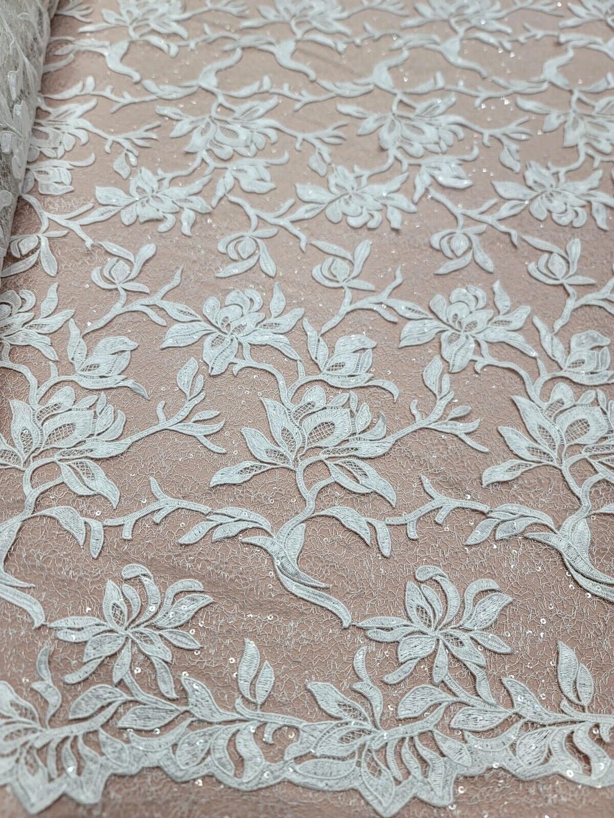 White Embroidery Lace Guipure Floral Flowers Clear Sequin On Mesh Fabric - Sold By The Yard - Clothing Dress Bridal Evening Gown Quinceañera Prom