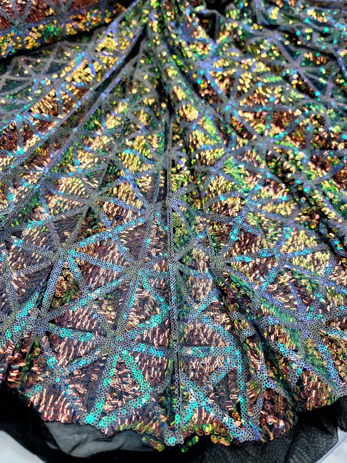 Green Blue Iridescent on Black Mesh 4 Way Stretch Sequins Fabric - 50" Width