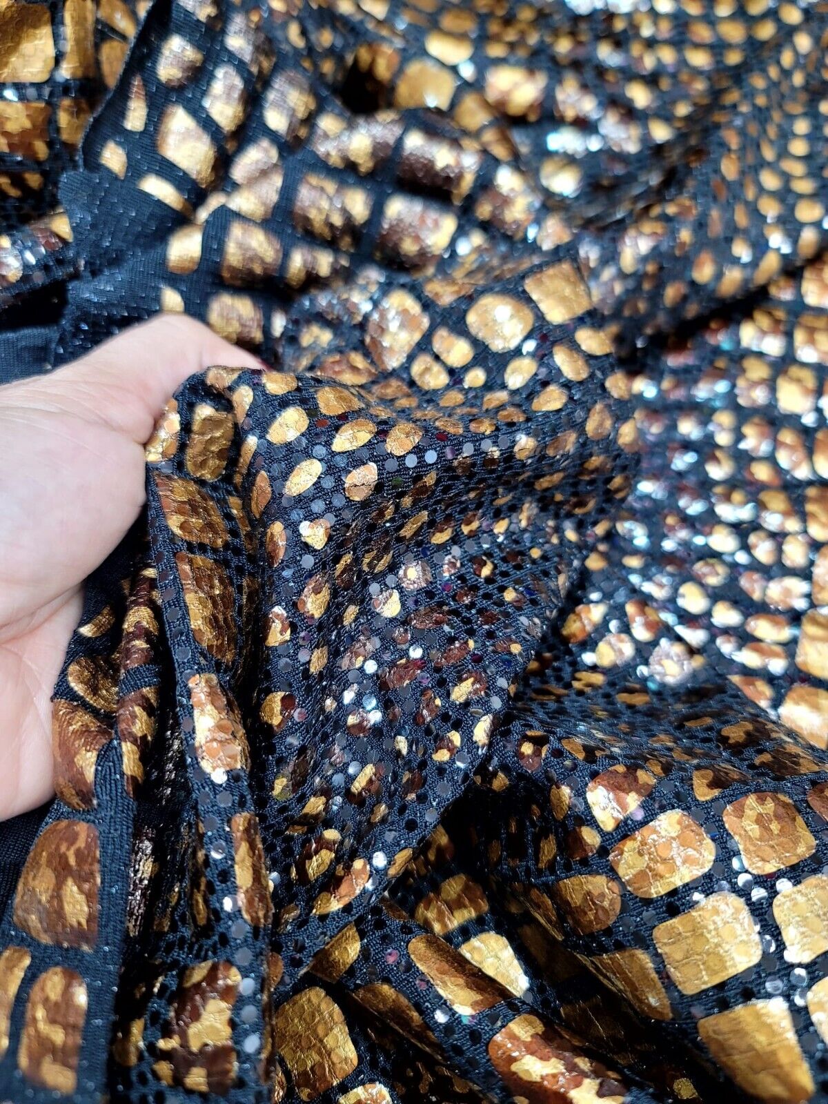 Brown Golden Desert Python Snake Print Stretch Black Sequins Fabric - Sold by the Yard