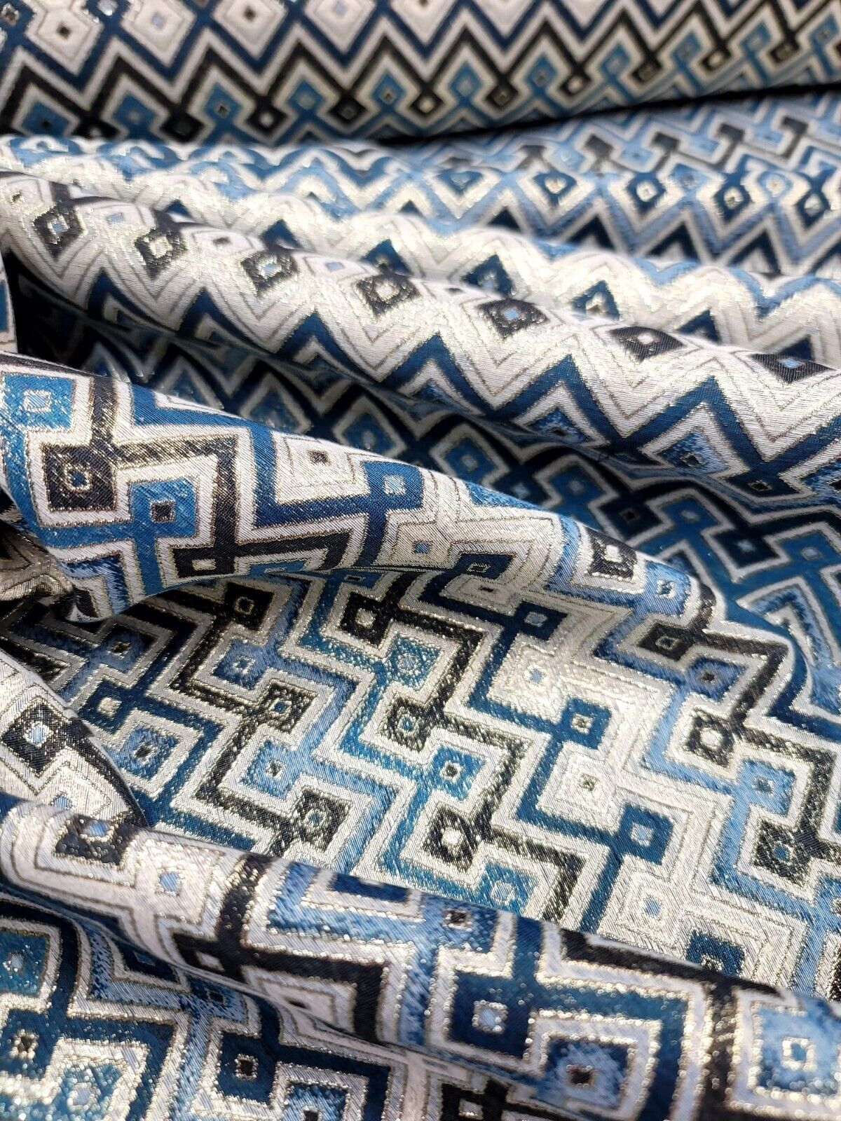 Teal Metallic Geometric Brocade Fabric - Sold by Yard - Perfect for Dressmaking, Upholstery, and High-End Creations