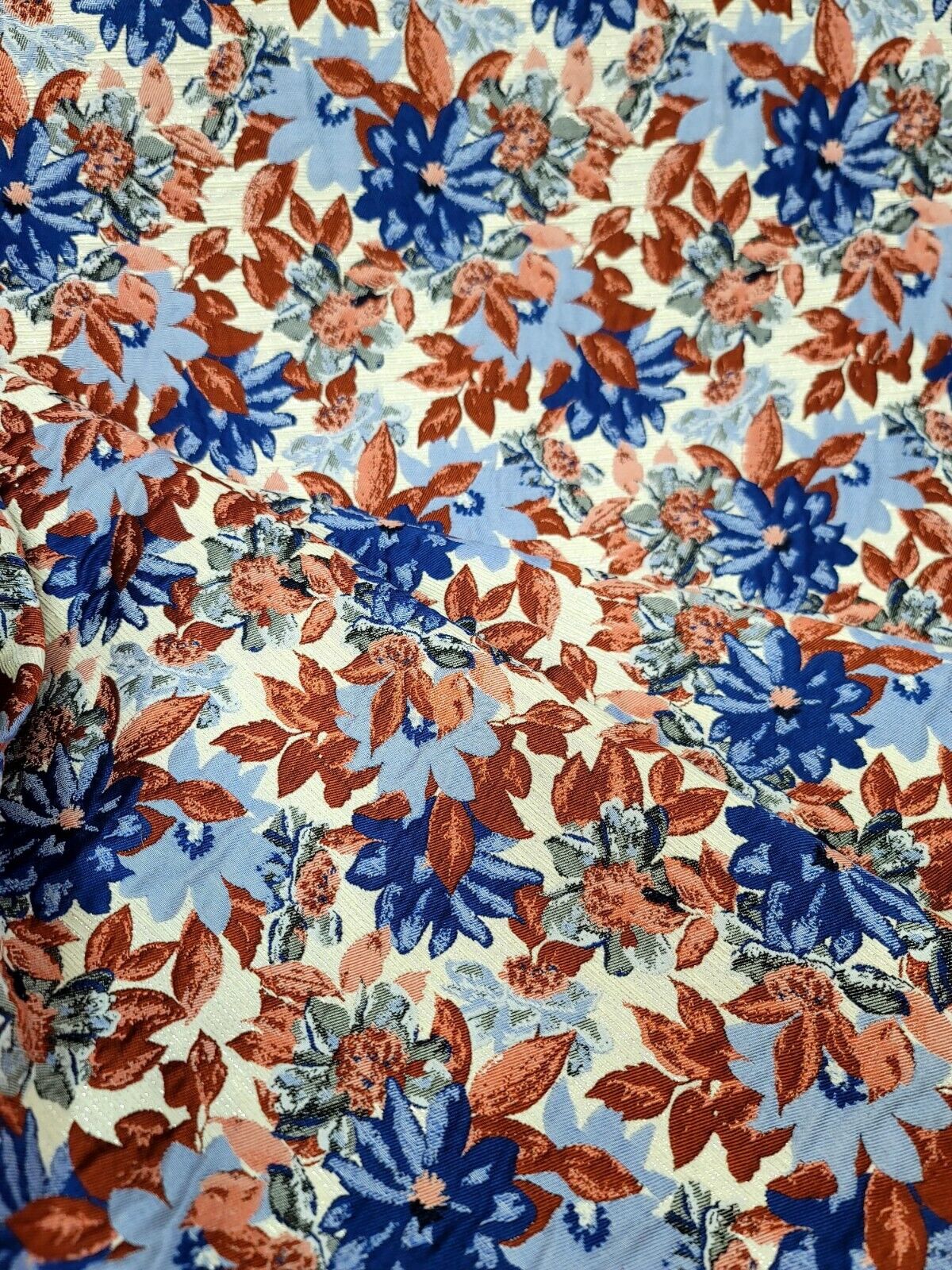 Blue Maroon Coral Floral Chenille Upholstery Brocade Fabric (54 inches) - Sold by the Yard