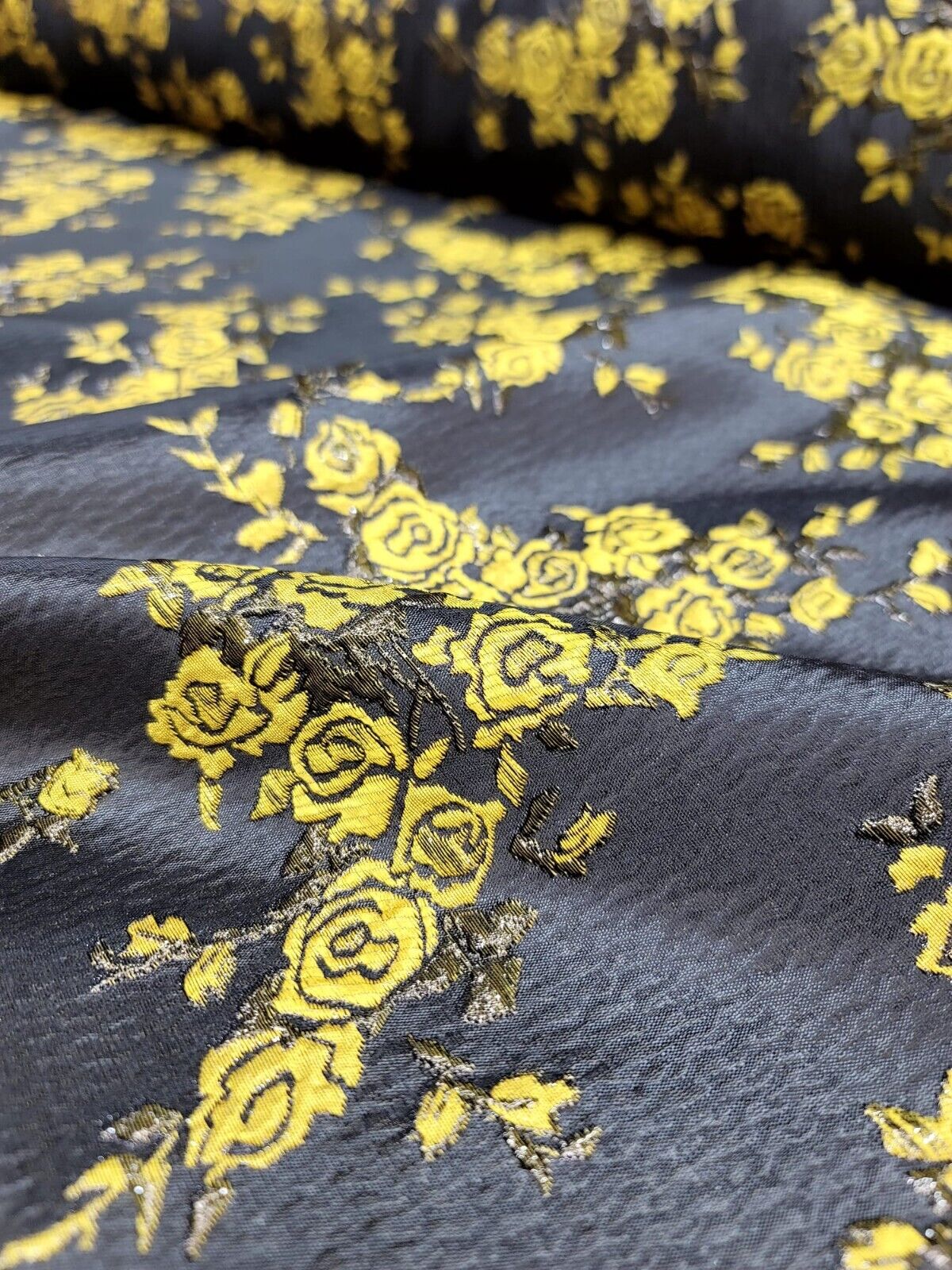 YELLOW Floral Black Brocade Fabric - By the Yard