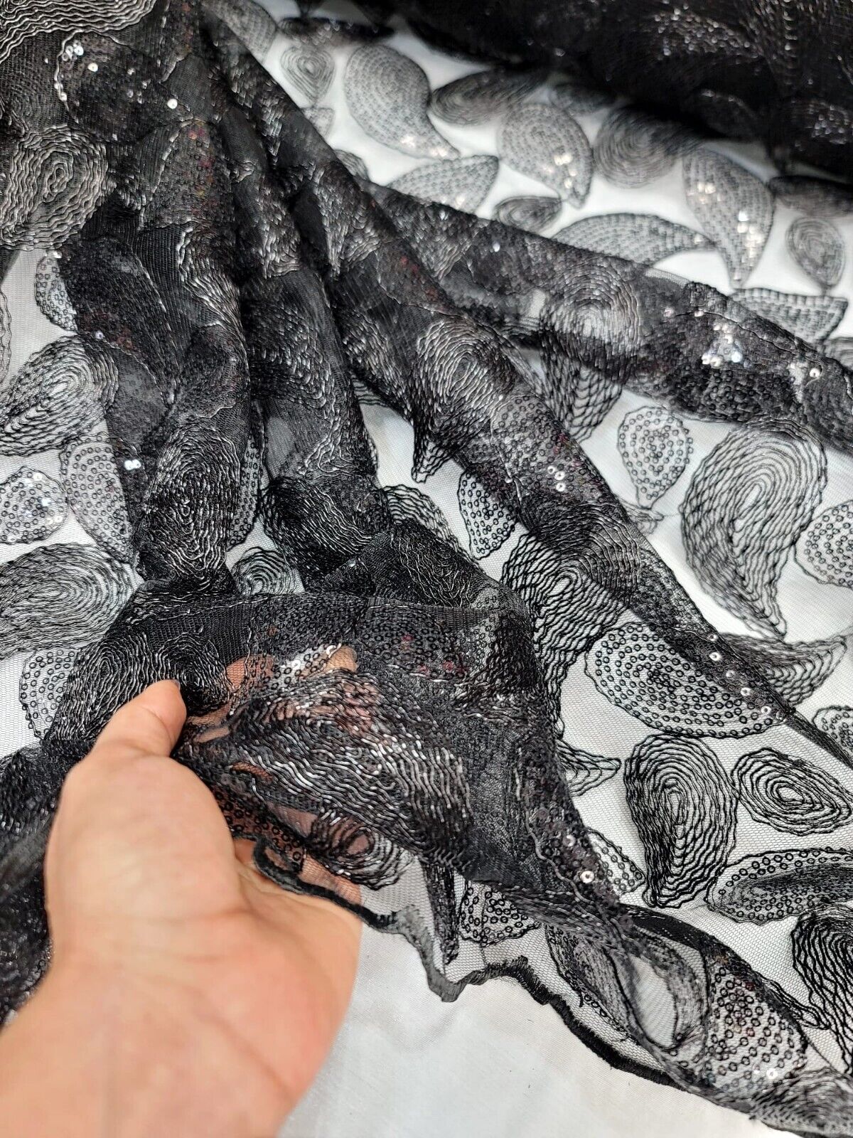 Embroidered Lace Apparel Fabric By The Yard - Sheer Paisley Black Sequins