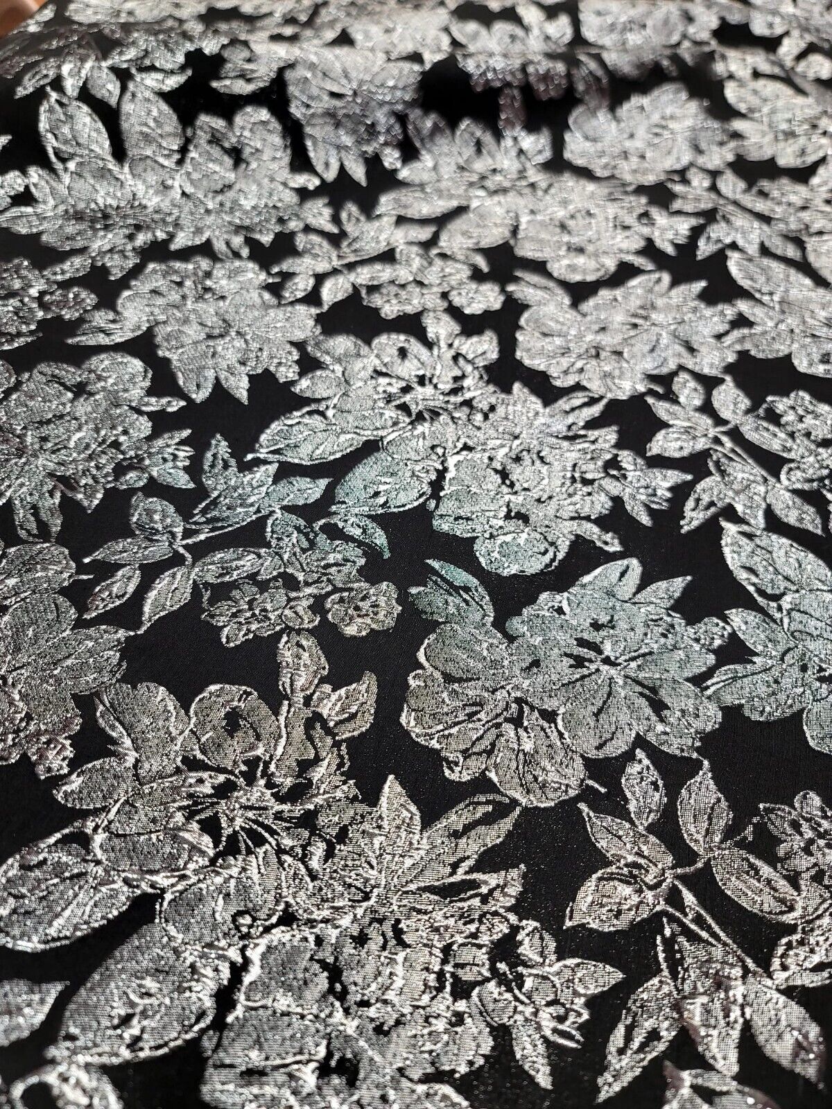 Silver Floral Brocade on Black Background Fabric by the Yard - Stunning Metallic Elegance